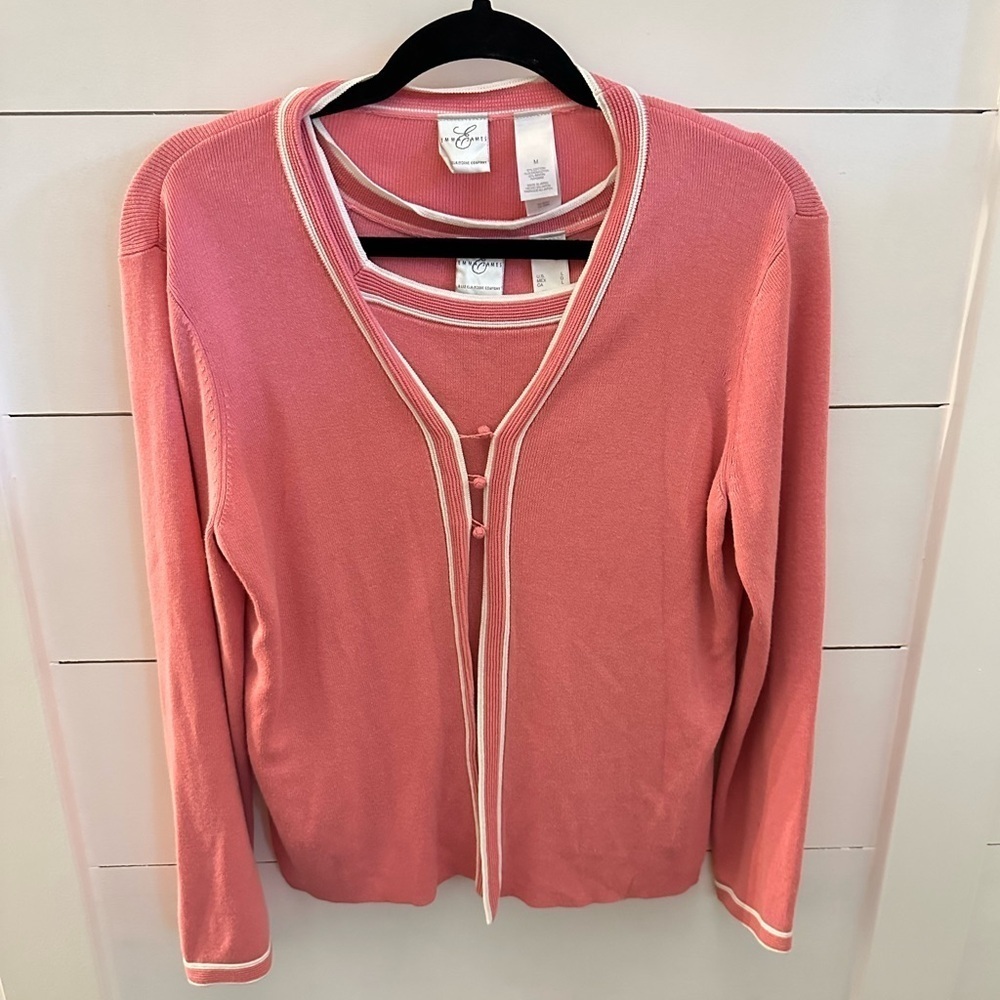 Y2k Vintage Emma James Pink-white cotton blend classic cardigan and tank set M
